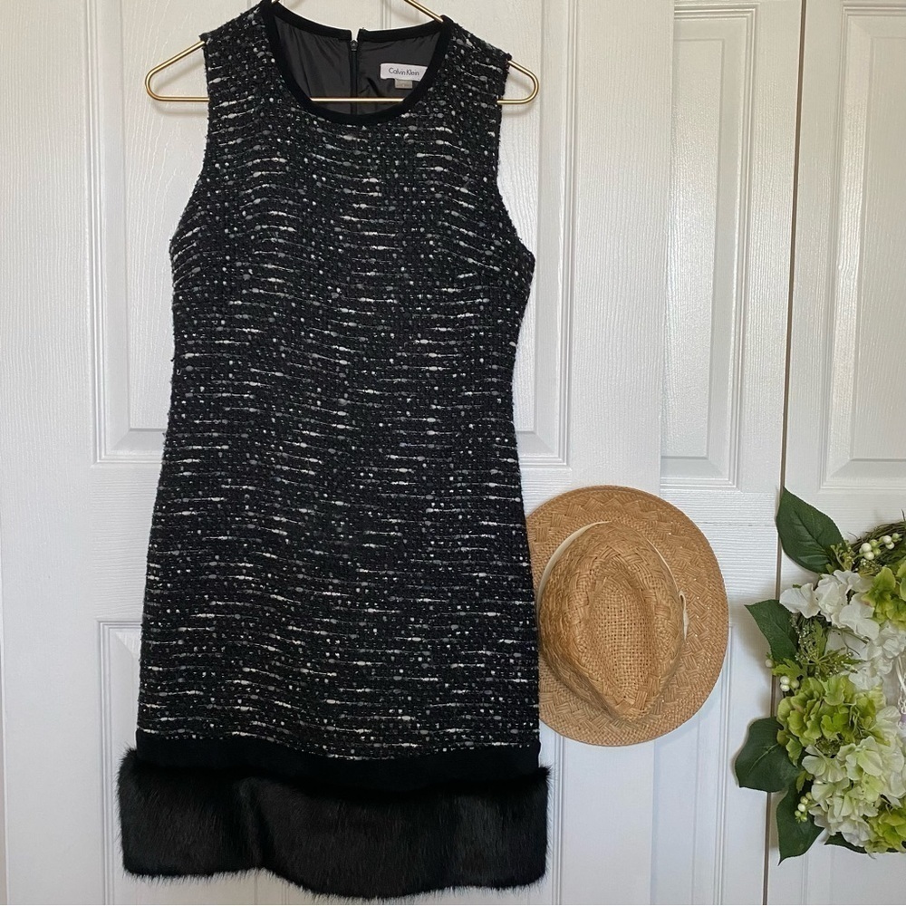 Calvin Klein shift dress with fur bottom size 6 winter Christmas